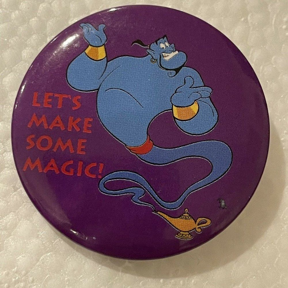 vintage 90s aladdin genie lets make some magic button pin pinback badge Disney